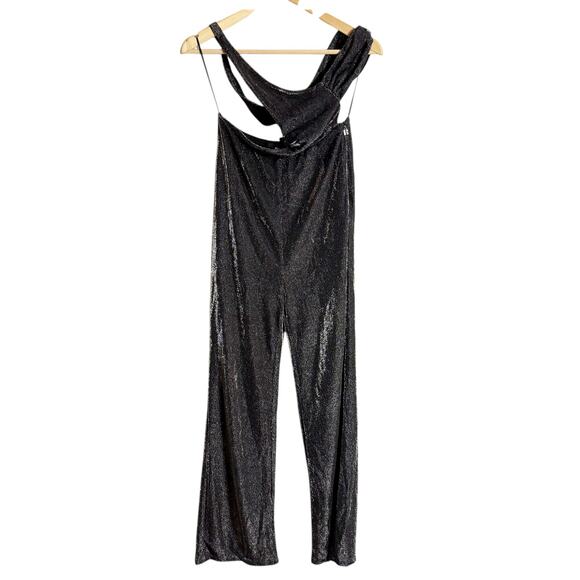 ROTATE Birger Christensen Isha Metallic Black Cut Out Halter V-Neck Jumpsuit 8 - Picture 5 of 15